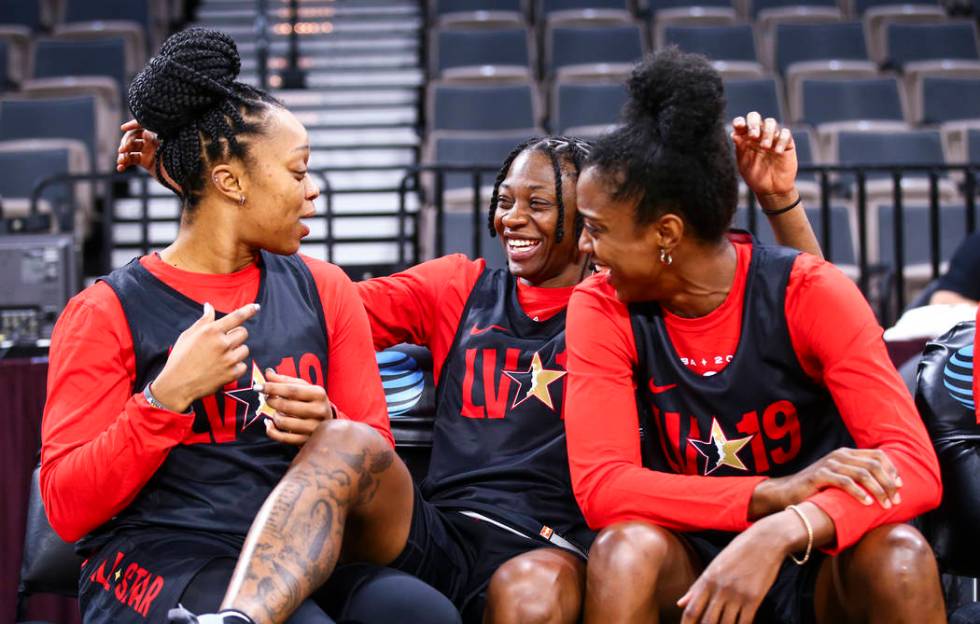 Minnesota Lynx's Odyssey Sims, from left, Indiana Fever's Erica Wheeler, and Chicago Sky's Diam ...