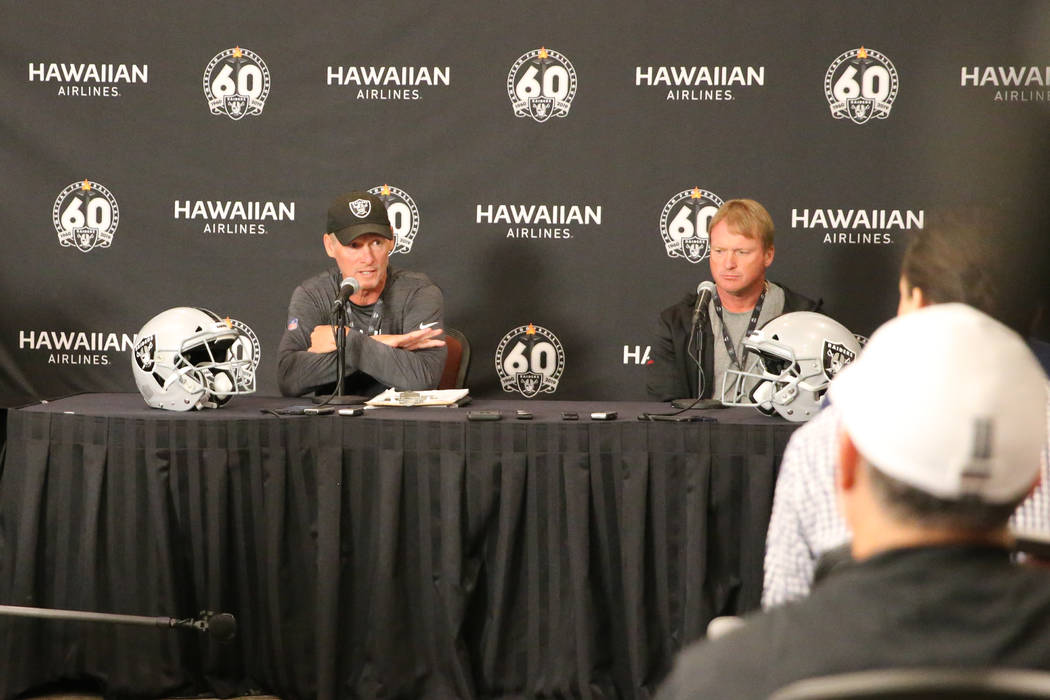 Oakland Raiders general manager Mike Mayock, left, and head coach Jon Gruden attend the NFL tea ...