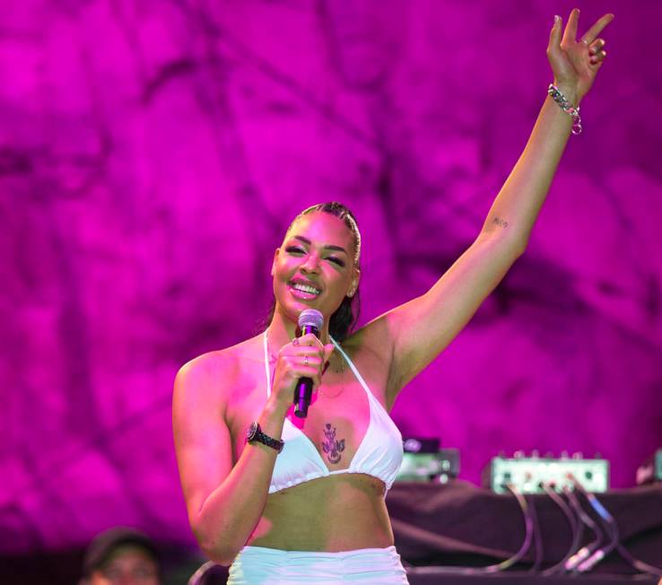 Las Vegas Aces center Liz Cambage briefly walks on stage at Mandalay Bay Beach on Friday, July ...