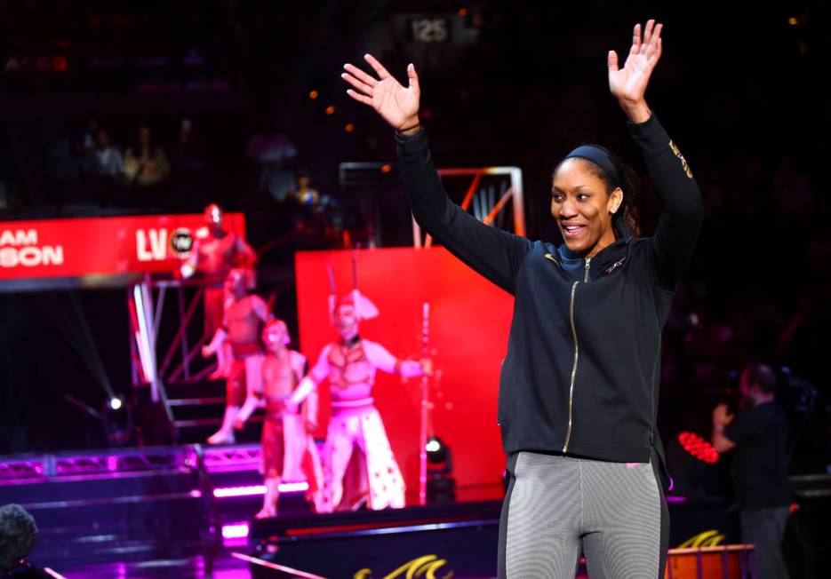 Las Vegas Aces' A'ja Wilson is introduced before the start of the WNBA All-Star Game at the Man ...