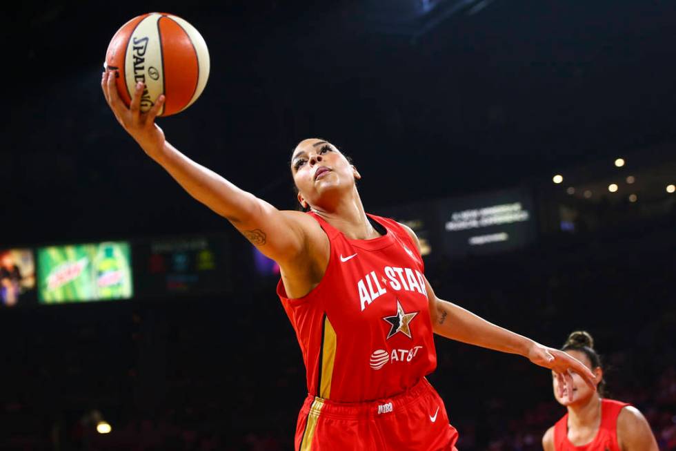 Las Vegas Aces' Liz Cambage gets a rebound during the first half of the WNBA All-Star Game at t ...