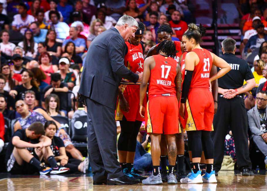 Coach Bill Laimbeer talks with his team during the second half of the WNBA All-Star Game at the ...