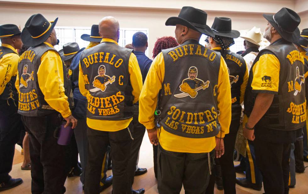 Buffalo Soldiers Motorcycle Club members wait to take a group picture during Buffalo Soldiers D ...