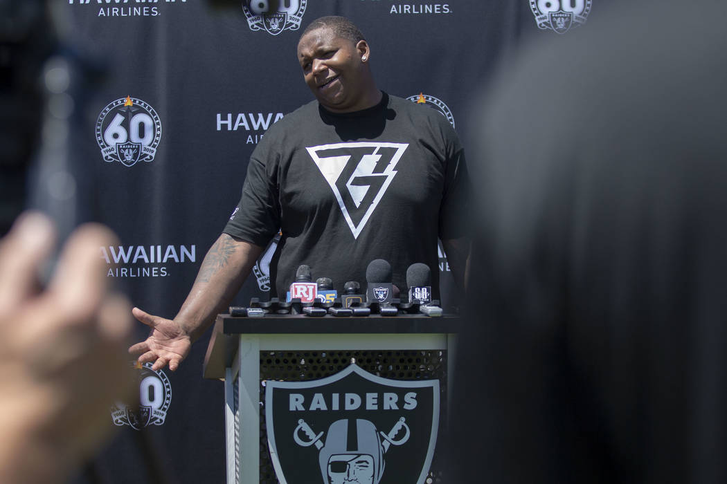 Oakland Raiders offensive tackle Trent Brown (77) answers questions during the NFL team's train ...