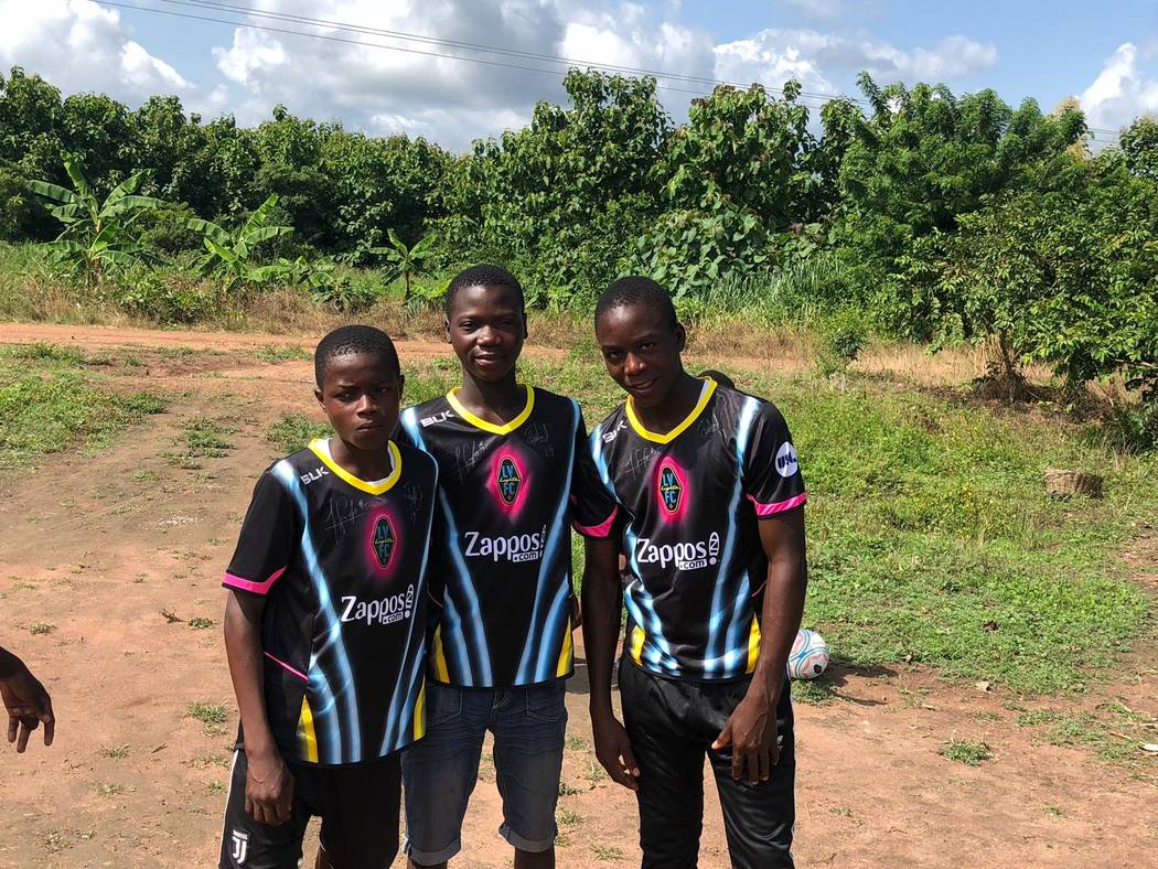 The trio of the Vima Orphanage in Tsibu-Bethel, Volta Region, Ghana sport Lights jerseys in Jun ...