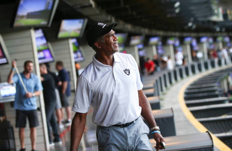 Former Oakland Raiders cornerback Mike Haynes watches his shot during the Raiders Foundation &q ...