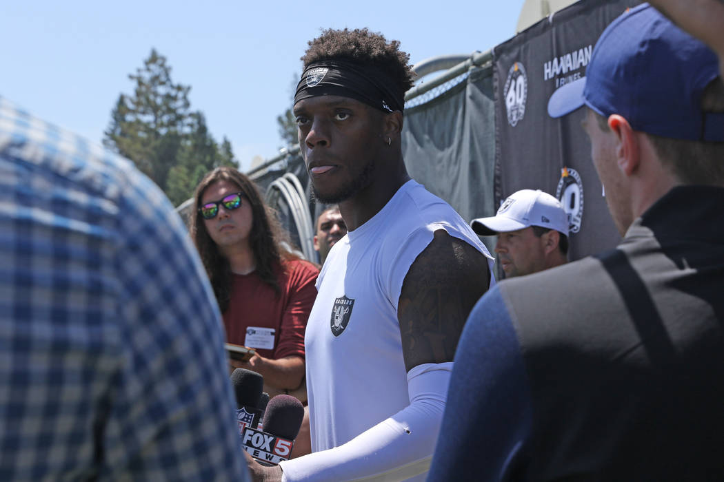 Oakland Raiders inside linebacker Brandon Marshall (54) answers media questions during the NFL ...