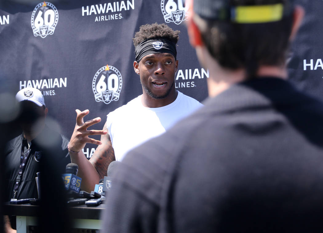 Oakland Raiders inside linebacker Brandon Marshall answers media questions during the NFL team' ...