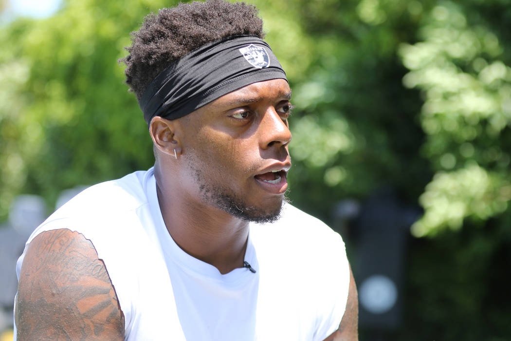 Oakland Raiders inside linebacker Brandon Marshall gives an interview during the NFL team's tra ...