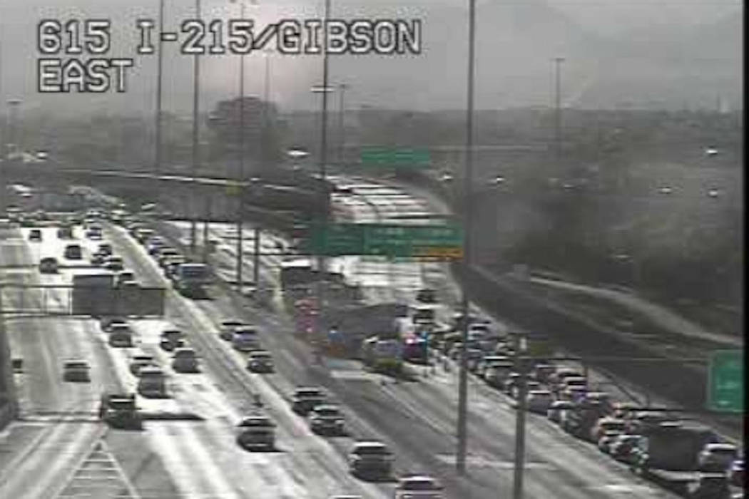 Traffic slows on Interstate 215 near Gibson Road after a vehicle collision about 6:40 a.m. Tues ...