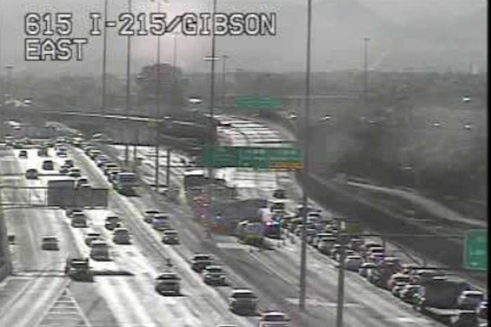 Traffic slows on Interstate 215 near Gibson Road after a vehicle collision about 6:40 a.m. Tues ...