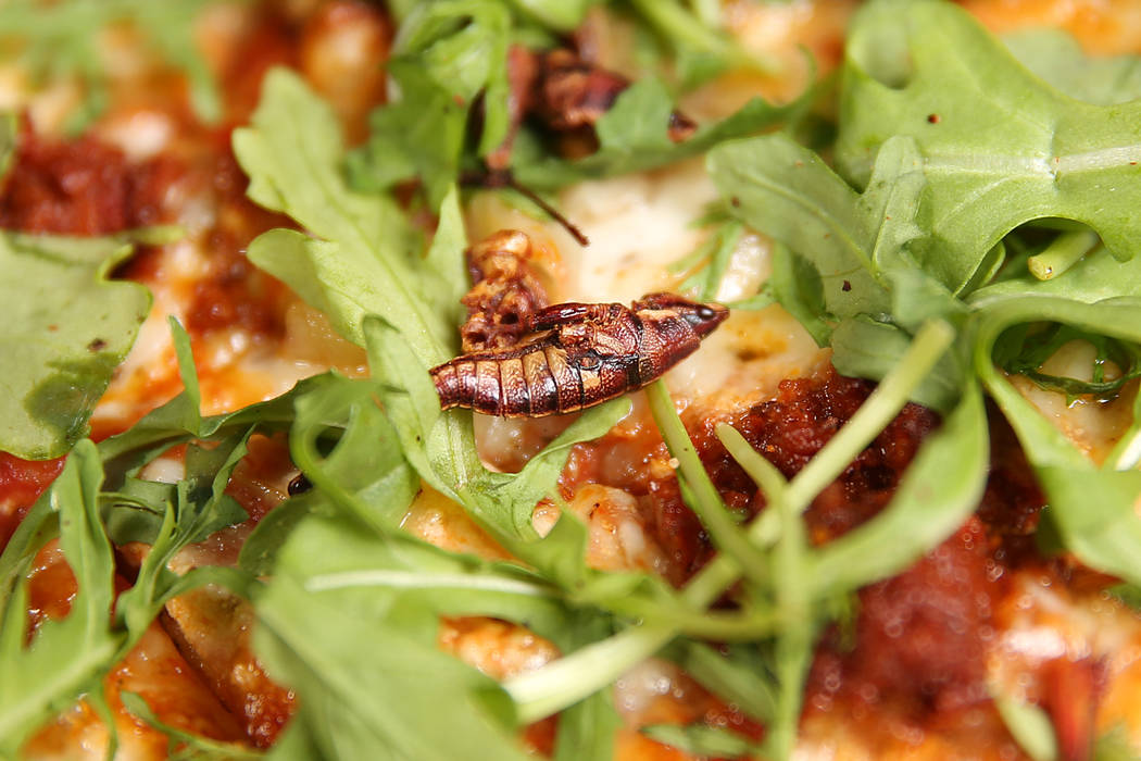 The Canyon Hopper grasshopper pizza at Evel Pie in Las Vegas, Tuesday, July 30, 2019. (Erik Ver ...