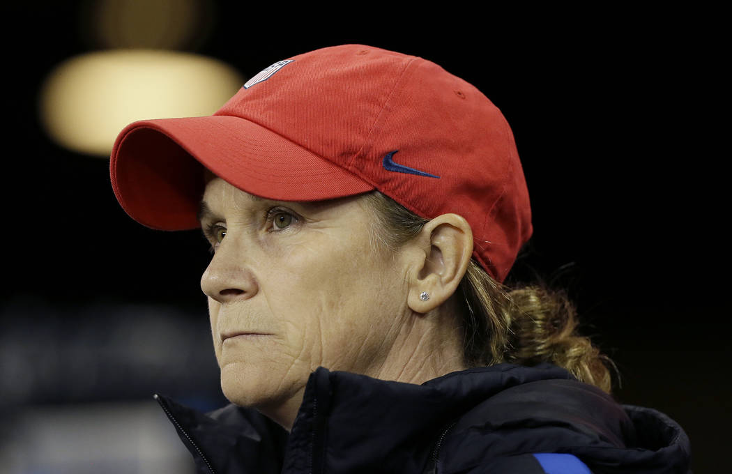 United States head coach Jill Ellis before an international friendly women's soccer match again ...