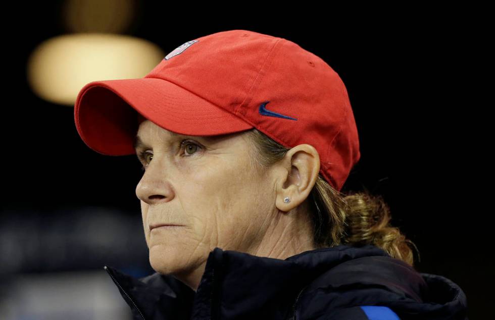 United States head coach Jill Ellis before an international friendly women's soccer match again ...