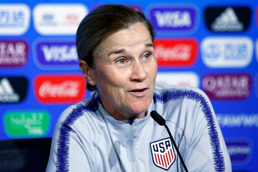 United States coach Jill Ellis attends a news conference at the Stade de Lyon, outside Lyon, Fr ...