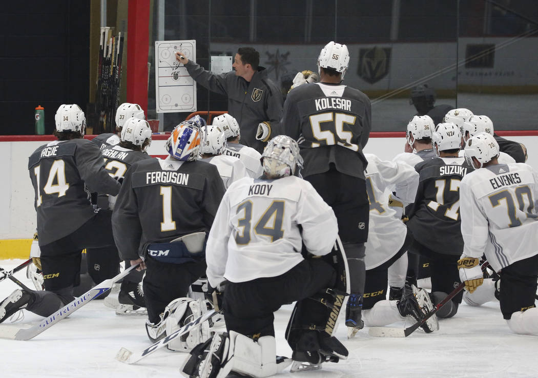 Golden Knights coach Chris Dennis lays out a practice plan during Knights rookie camp practice ...