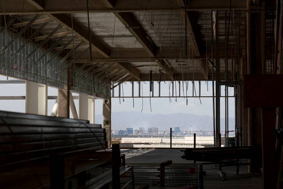 A view of the Las Vegas Strip is seen at the Raiders' headquarters construction site in Henders ...