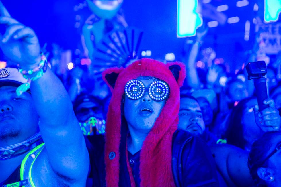 Concert goers dance during SAYMYNAME's performance at the Circuit Grounds stage on day three of ...