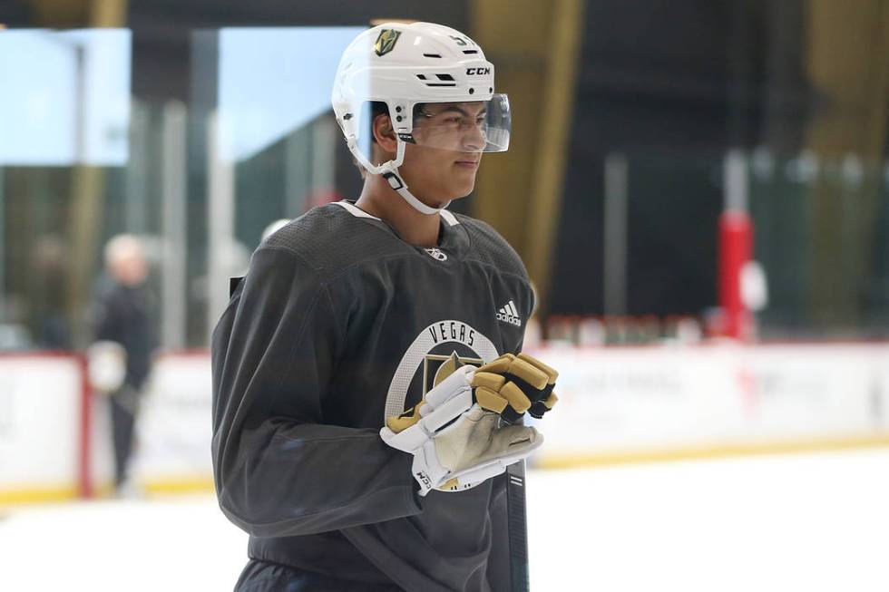 Vegas Golden Knights Marcus Kallionkieli (53) reacts after a play during development camp at Ci ...