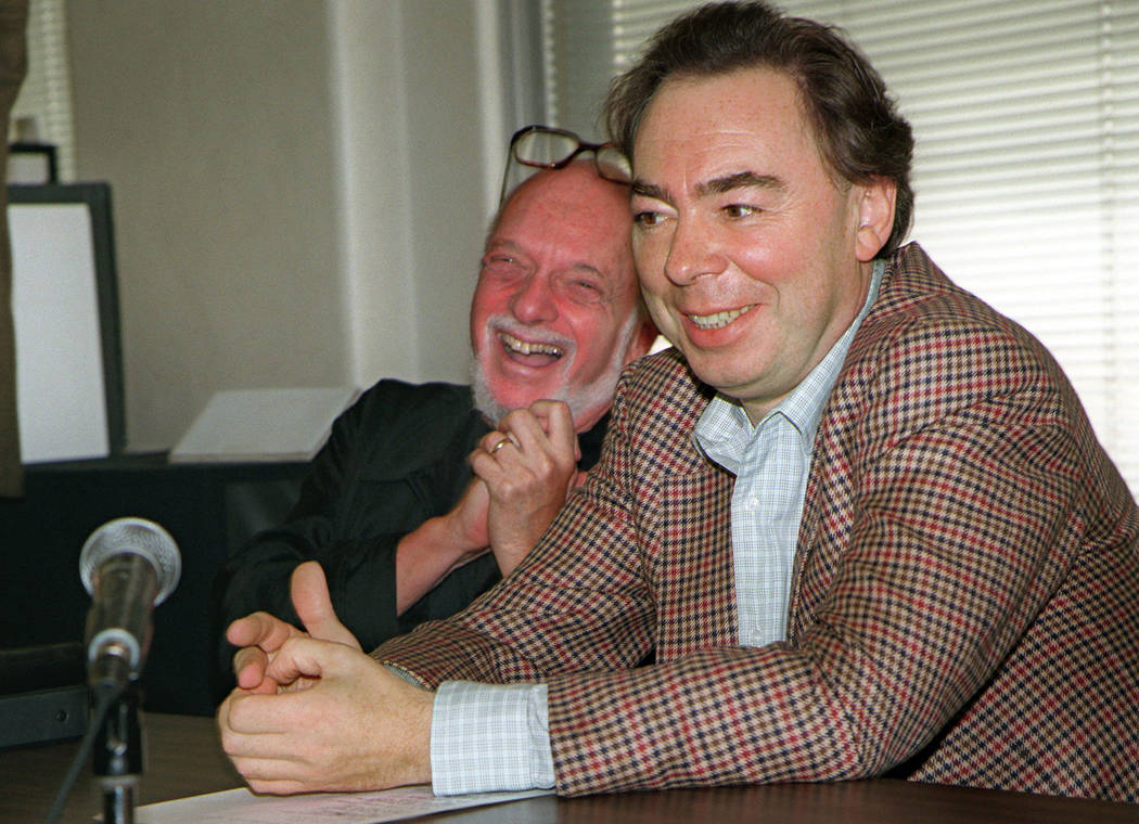 FILE - This Oct. 21, 1996 file photo shows Harold Prince, left, and Andrew Lloyd Webber, face r ...