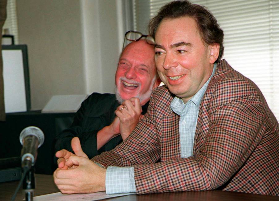 FILE - This Oct. 21, 1996 file photo shows Harold Prince, left, and Andrew Lloyd Webber, face r ...