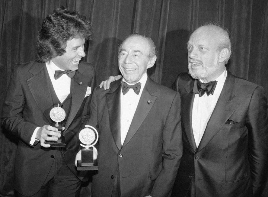 FILE - In this June 4, 1979 file photo, Jack Hofsiss, left, and Hal Prince, right, flank Richar ...