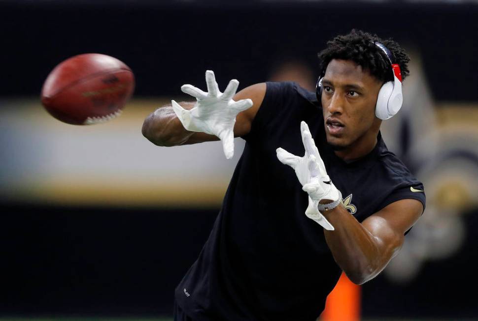 New Orleans Saints' Michael Thomas warms up before the NFL football NFC championship game again ...