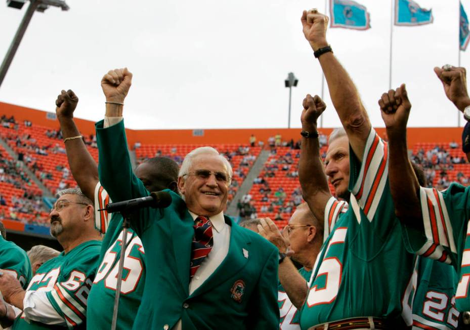 FILE - In this Dec. 16, 2007 file photo, former Miami Dolphins coach Don Shula, left, and playe ...