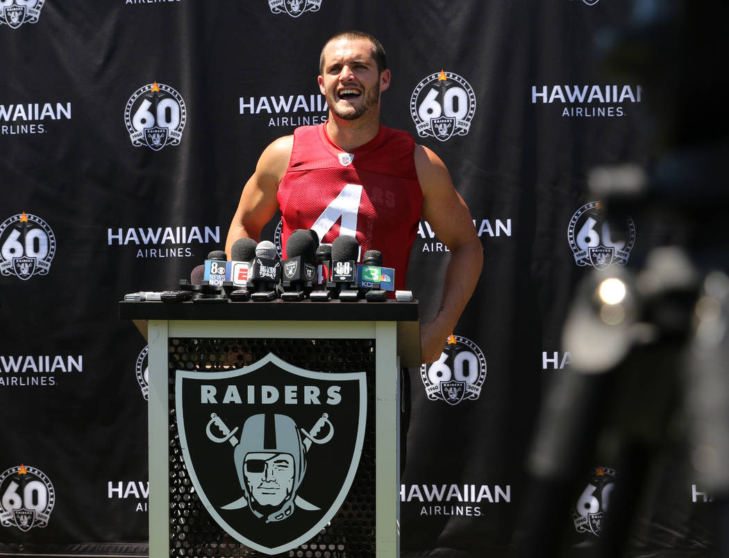 Oakland Raiders quarterback Derek Carr (4) answers questions during the NFL team's training cam ...