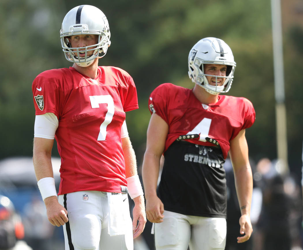 Oakland Raiders quarterbacks Mike Glennon (7) and Derek Carr (4) watch team practice during the ...
