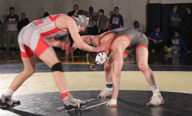 Arbor View‘s Dawson Downing (left) pushes Bishop Gorman‘s Mason Campbell‘s ...