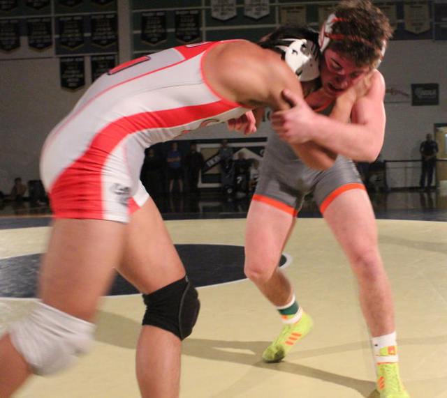 Bishop Gorman‘s Joey Mazzara ties up Arbor View‘s Destry Talledo during their 17 ...