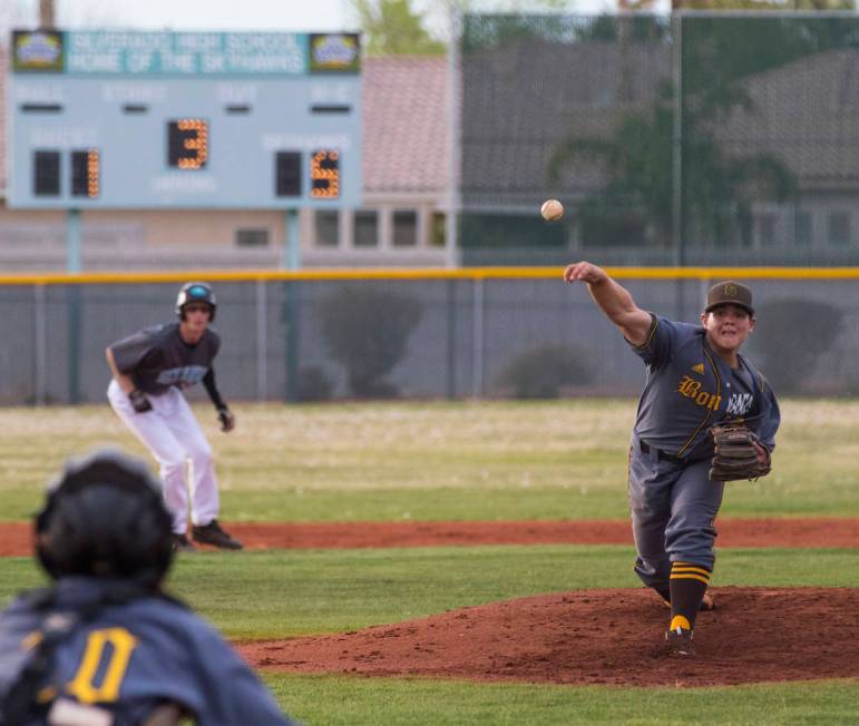 Bonanza pitcher Jay DeSoto (12) throws the ball during a baseball game against Silverado Hig ...