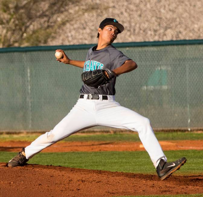 Silverado pitcher Jerald Murray (38) throws the ball during a baseball game against Bonanza ...