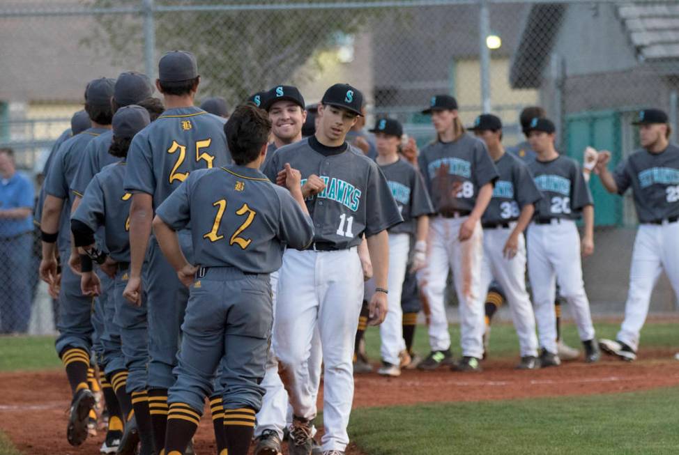 Bonanza players congratulate Silverado players after a baseball game at Silverado High Schoo ...