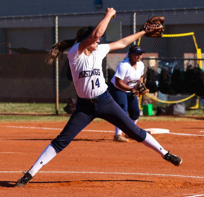 Shadow Ridge pitcher Shelbi Denman (14) throws a pitch in the first inning during a softball ...