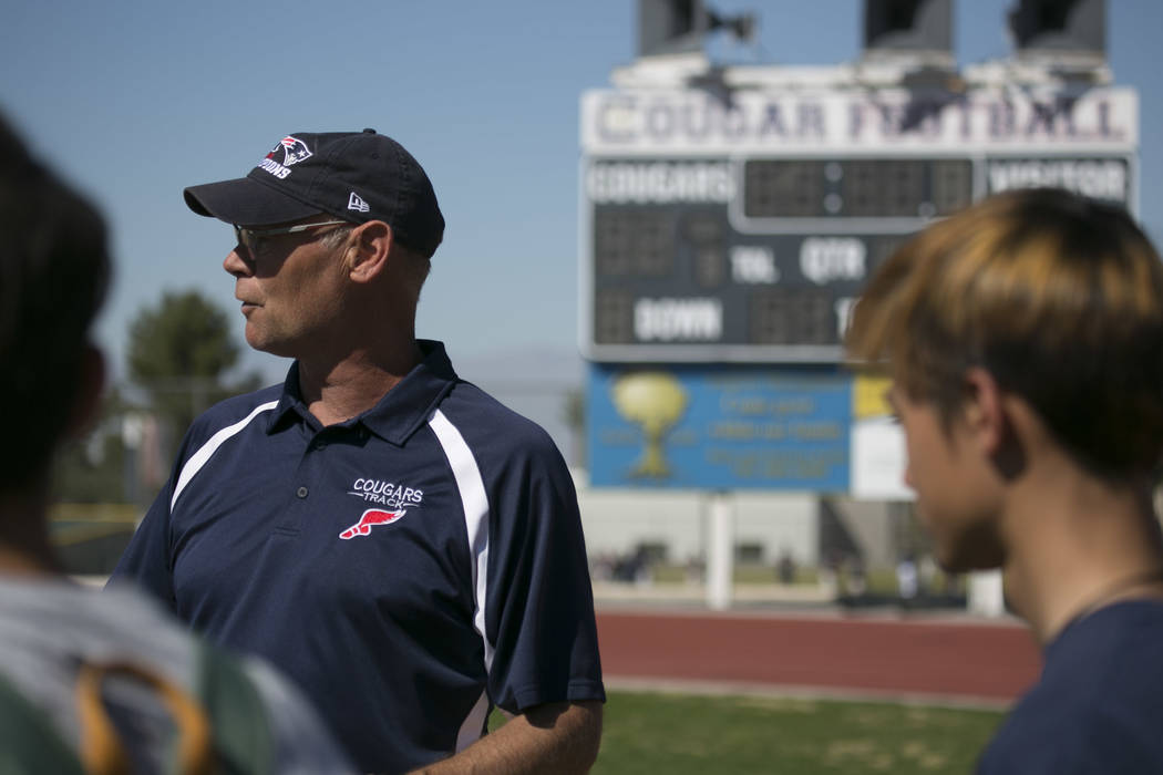 Head coach Rick Teller talks to the team during a track and field practice at Coronado High ...