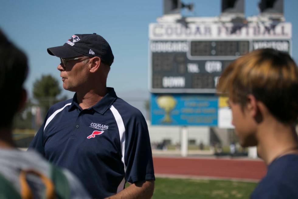 Head coach Rick Teller talks to the team during a track and field practice at Coronado High ...