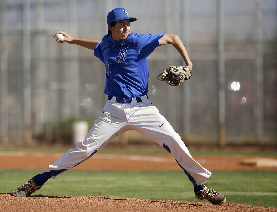 Sierra Vista’s Alex Chavira (10) pitches during the first inning of a high school base ...