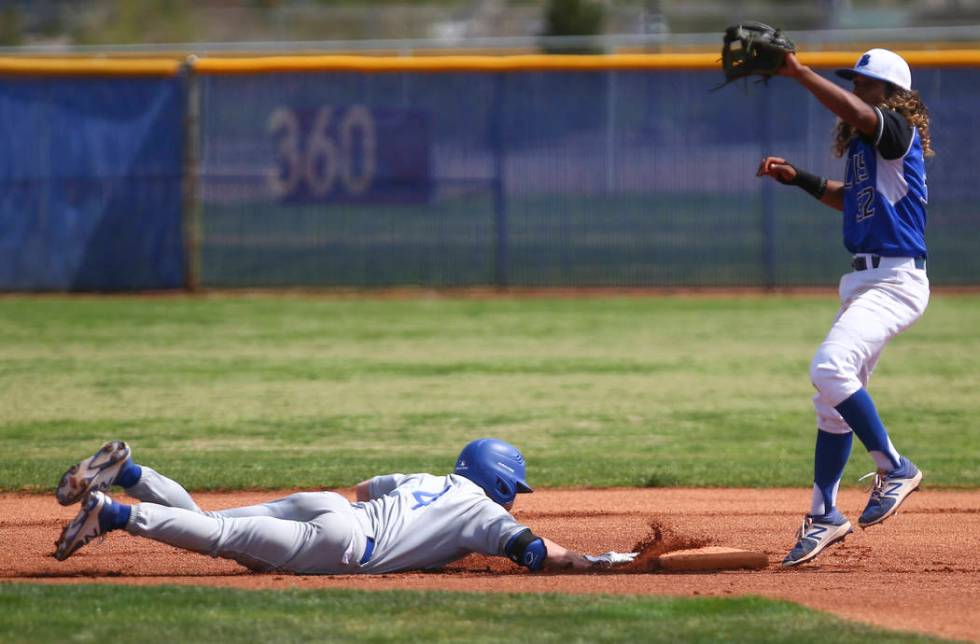 Santa Margarita’s Conner Longrie (4) slides safely back to second base against Basic&# ...