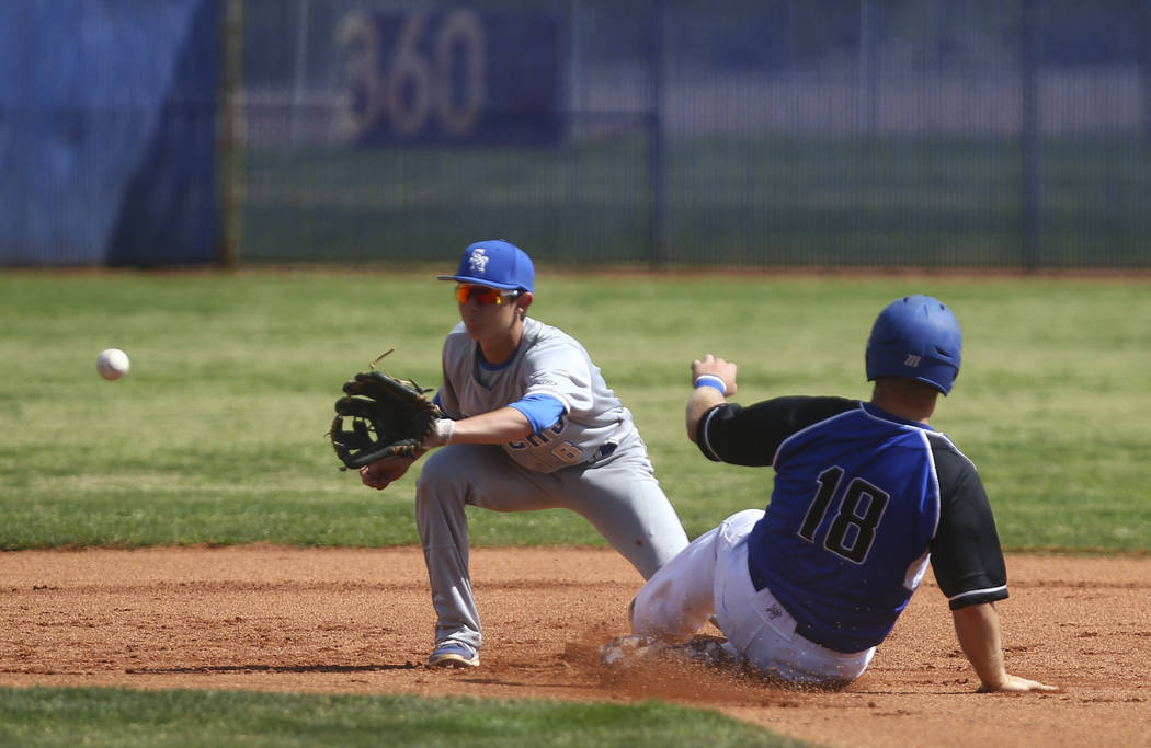 Basic’s Trace Evans (18) steals second base against Santa Margarita’s Austin Vil ...