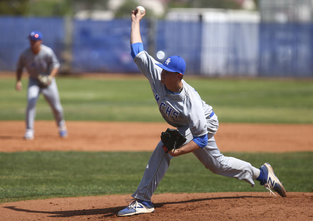 Santa Margarita’s Chandler Champlain (55) pitches to Basic during a baseball game at B ...