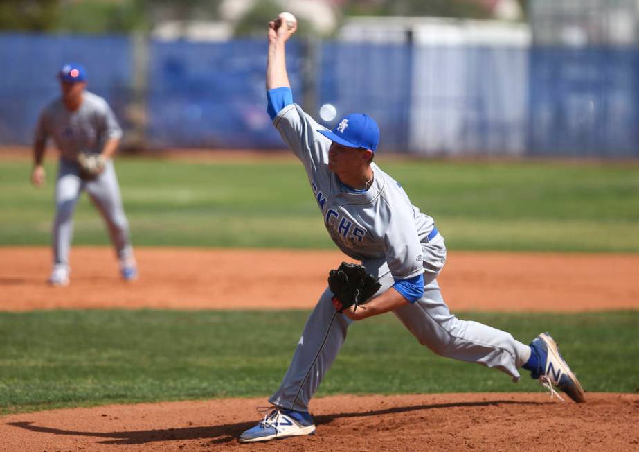 Santa Margarita’s Chandler Champlain (55) pitches to Basic during a baseball game at B ...