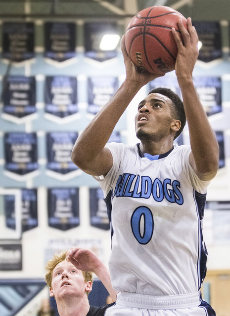 Centennial’s Troy Brown (0) drives baseline past Faith Lutheran’s Elijah Kothe ( ...