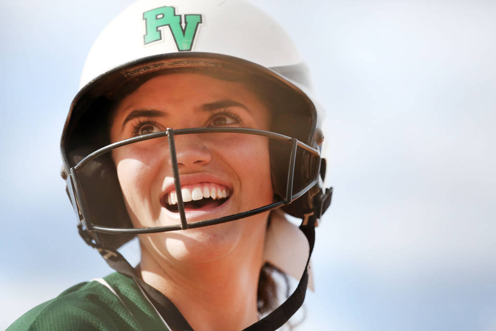 Palo Verde’s Cara Beatty (5) smiles after her teammates make a run against Arbor View ...