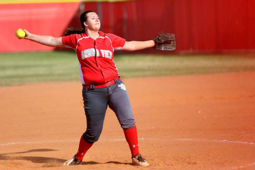 Arbor View’s Taylor Thomas (19) pitched during a game against Palo Verde at Arbor View ...