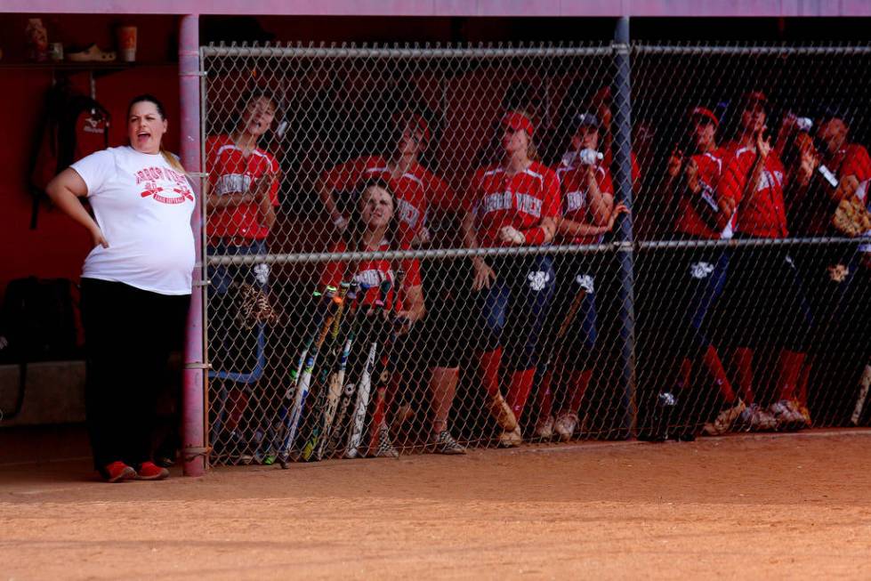 Arbor View head coach Maria Yoder, left, cheer on her team during a game against Palo Verde ...