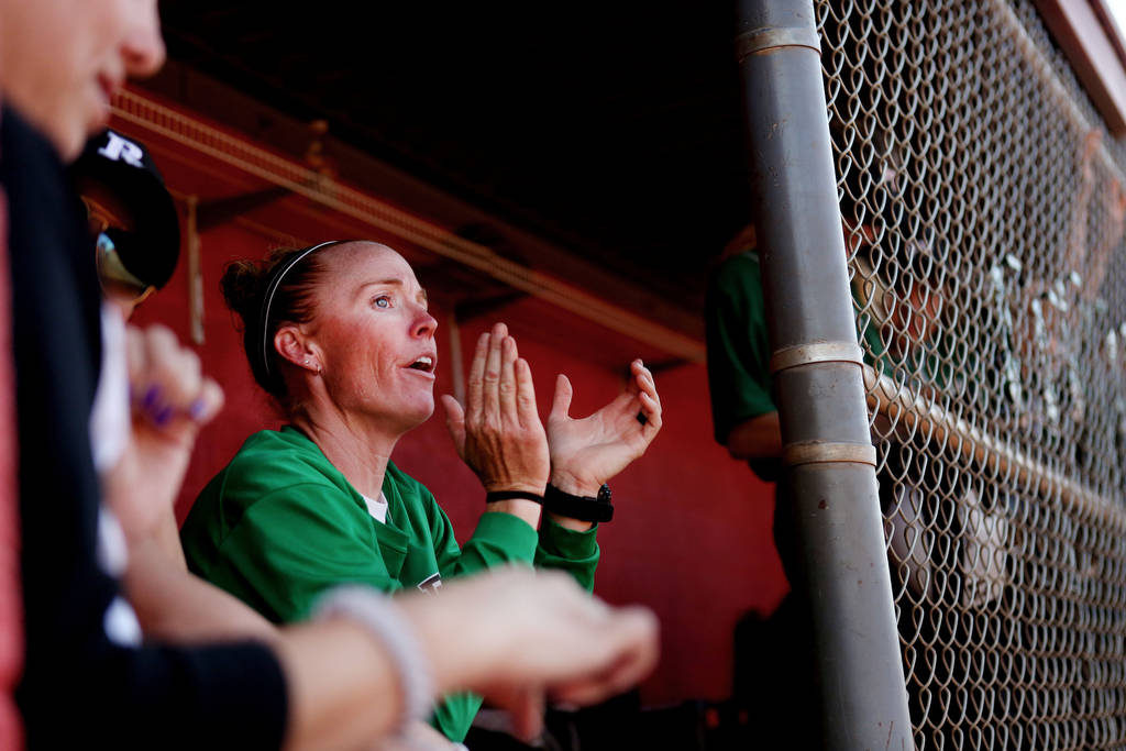 Palo Verde head coach Kelly Glass cheers on her team during a game against Arbor View at Arb ...