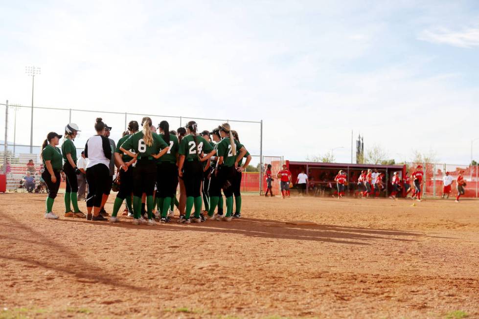 The Palo Verde softball team meets during a game against Arbor View at Arbor View High Schoo ...