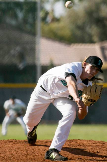 Silverado senior Kevin Pindel (28) pitches to Rancho at Silverado High School on Tuesday, Ma ...